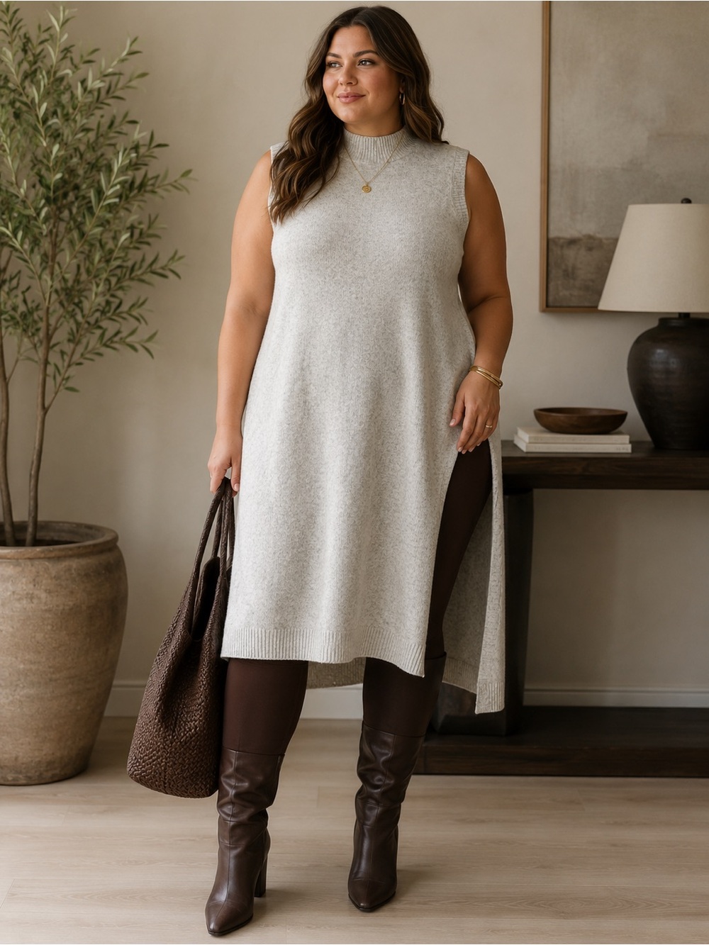 H&M XL Sleeveless Sweater Dress Cream & Gray Mock Neck Side Slit Knit